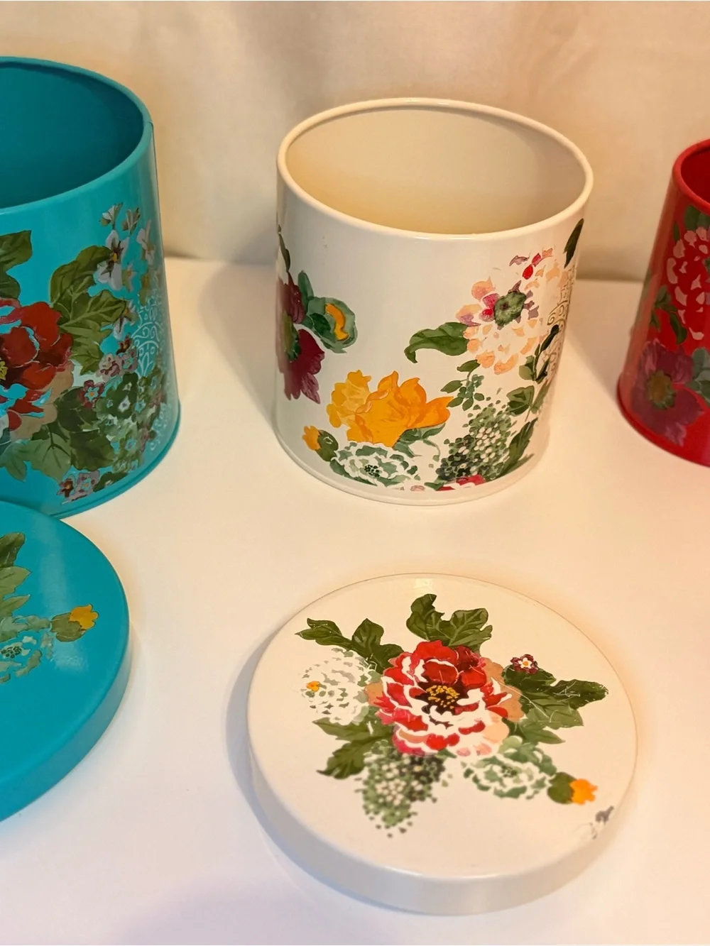 Set of 3 Pioneer Woman Metal Canisters with Lids Floral Meadow Original Labels